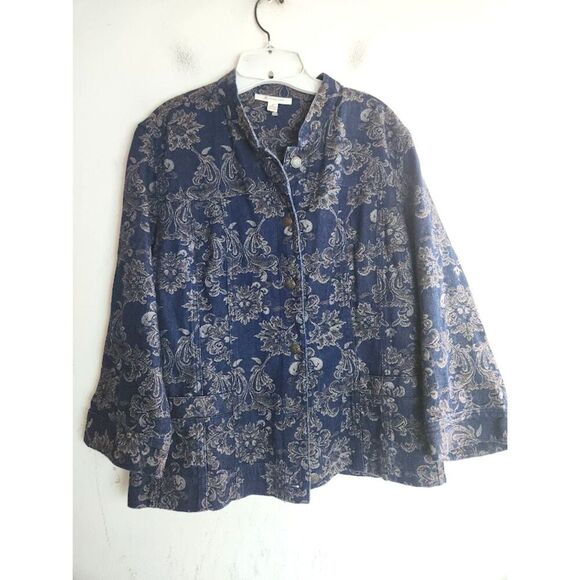 JM Collection Women Dark Blue w/Gold Floral Print Cotton Denim Jacket Blazer 16 - Picture 1 of 9